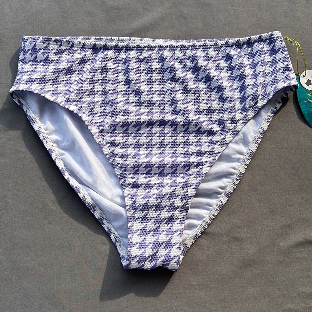 Myrah Women’s bikini bottoms. Purple & White Houndstooth. High rise size Large